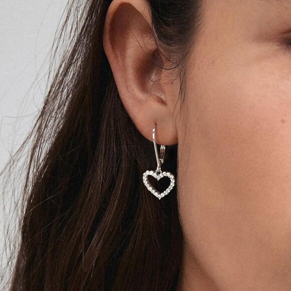 Dainty Silver-CZ Heart Leverback Dangle Drop Hypoallergenic Earring for Women - Picture 4 of 7